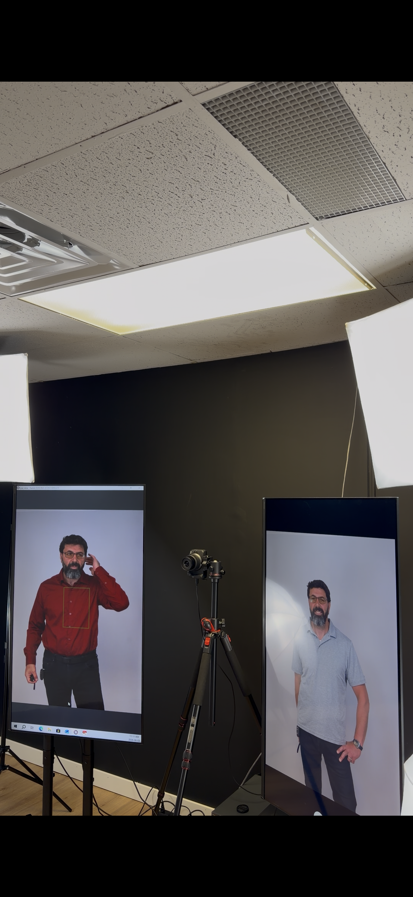 Two screens showing live session at FrameRoom self-serve photography studio Ottawa
